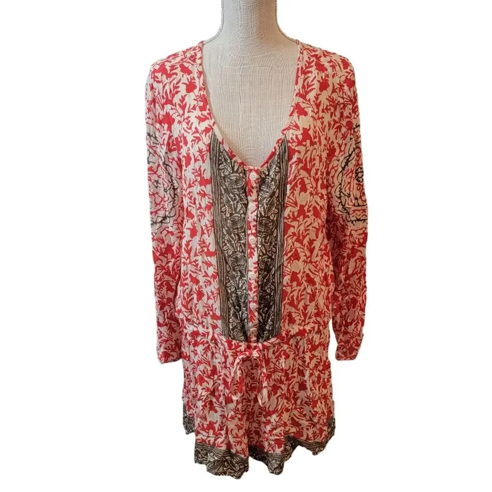 Free People Gardenia Floral Resort Romper Red Tie Waist Long Sleeve Size Medium